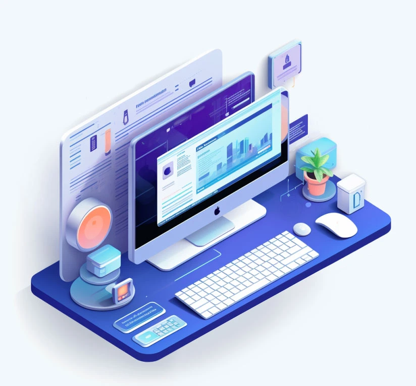 An isometric illustration of a desktop computer showing a website that could benefit from SEO consulting